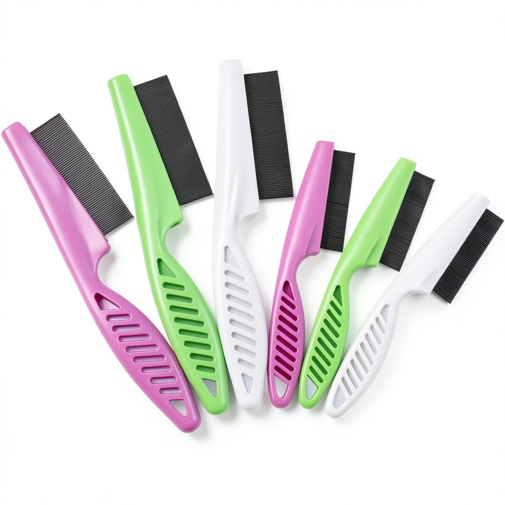 Pet flea comb set with different sizes and colors on a grooming table